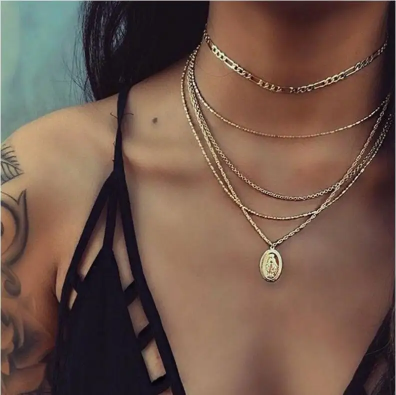

Fashion personality new Virgin Mary pendant multi-layer chain necklace set