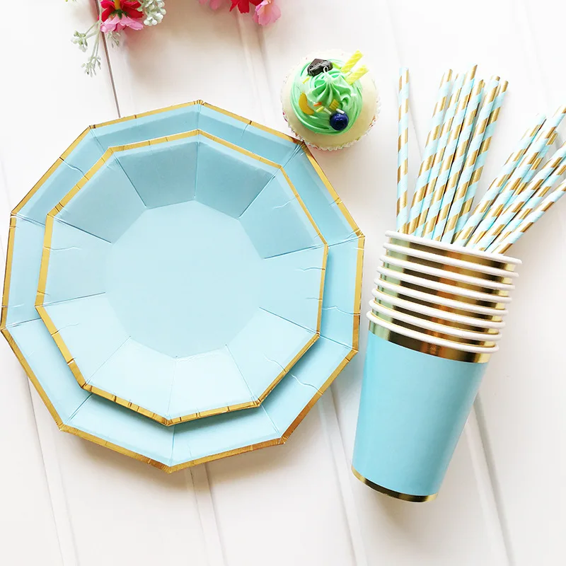 

Metallic Gold Blue Disposable Tableware Set Happy Birthday Series Gilding Paper Cup/Plate For Home Kids Birthday Party Decoratio