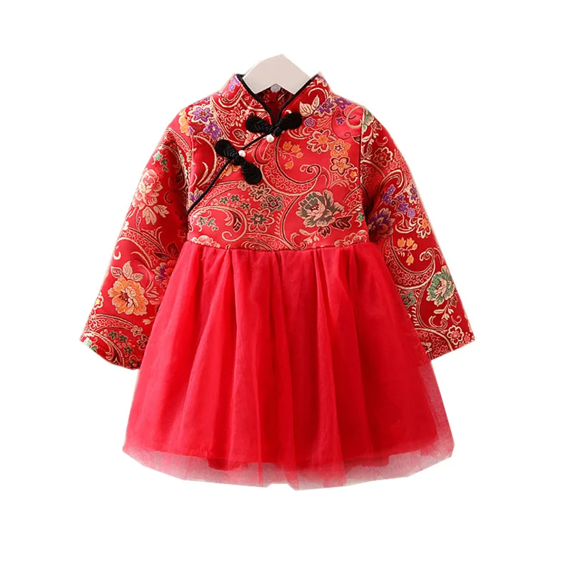 

China Style Cheongsam Mesh Patchwork Dress Girl Dress High-End Exquisite Embroidery Flower red Dress For New Year Clothing