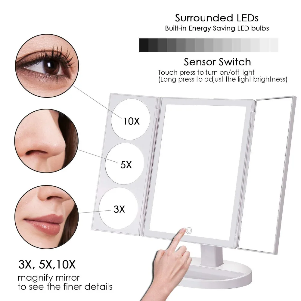Регулируемое косметическое зеркало с увеличением 1x3x5x10x, большое зеркало для макияжа с светодиодный подсветкой, вращение на 360 градусов, трехкратное зеркало
