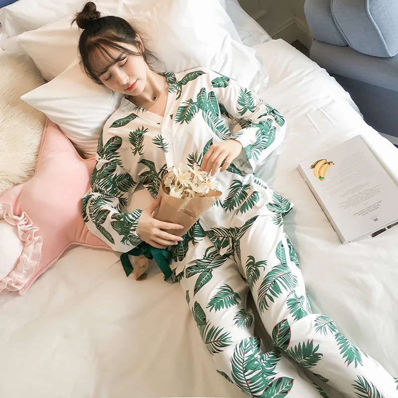 Весна-Осень, пижама-кимоно с принтом, наборы для женщин, пижама с длинным рукавом, одежда для сна, домашняя пижама, домашняя пижама, домашняя одежда - Цвет: HFB