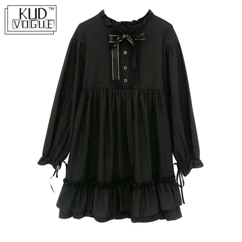 Японское женское черное платье с оборками в стиле Харадзюку, рукав-фонарик, стиль Лолиты, студенческое, милое, милое, с бантом, для девушек, шифоновое, 8446