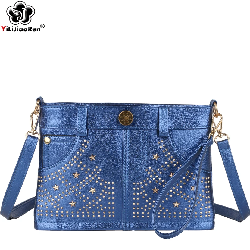 

Fashion Rivet Jeans Crossbody Bags for Women Famous Brand Leather Shoulder Bag Female Luxury Designer Messenger Bags Clutch Sac