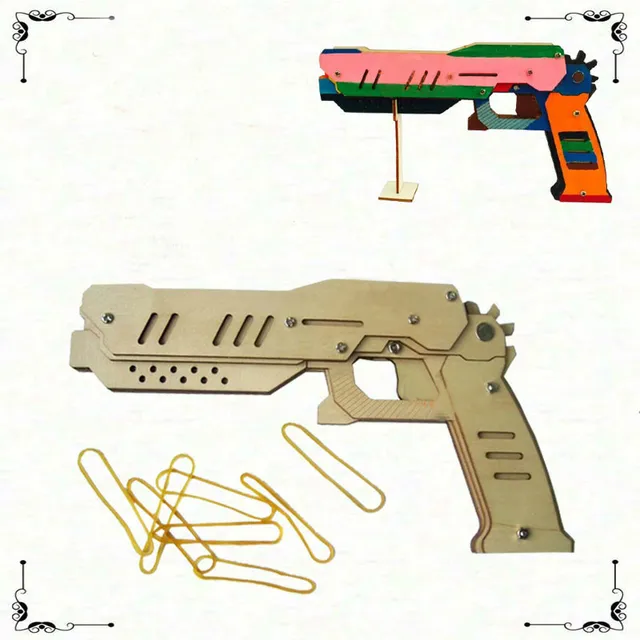 3D DIY Wooden Toy Gun Bullet 8 Bursts Rubber Band Launcher Hand Pistol