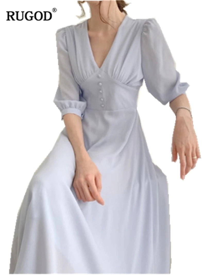 

RUGOD 2019 New Women Solid Gentle Fairy Chiffon Dress V-neck Half Sleevs A-line Slim Vestidos Temperament Elegant Stylish плать