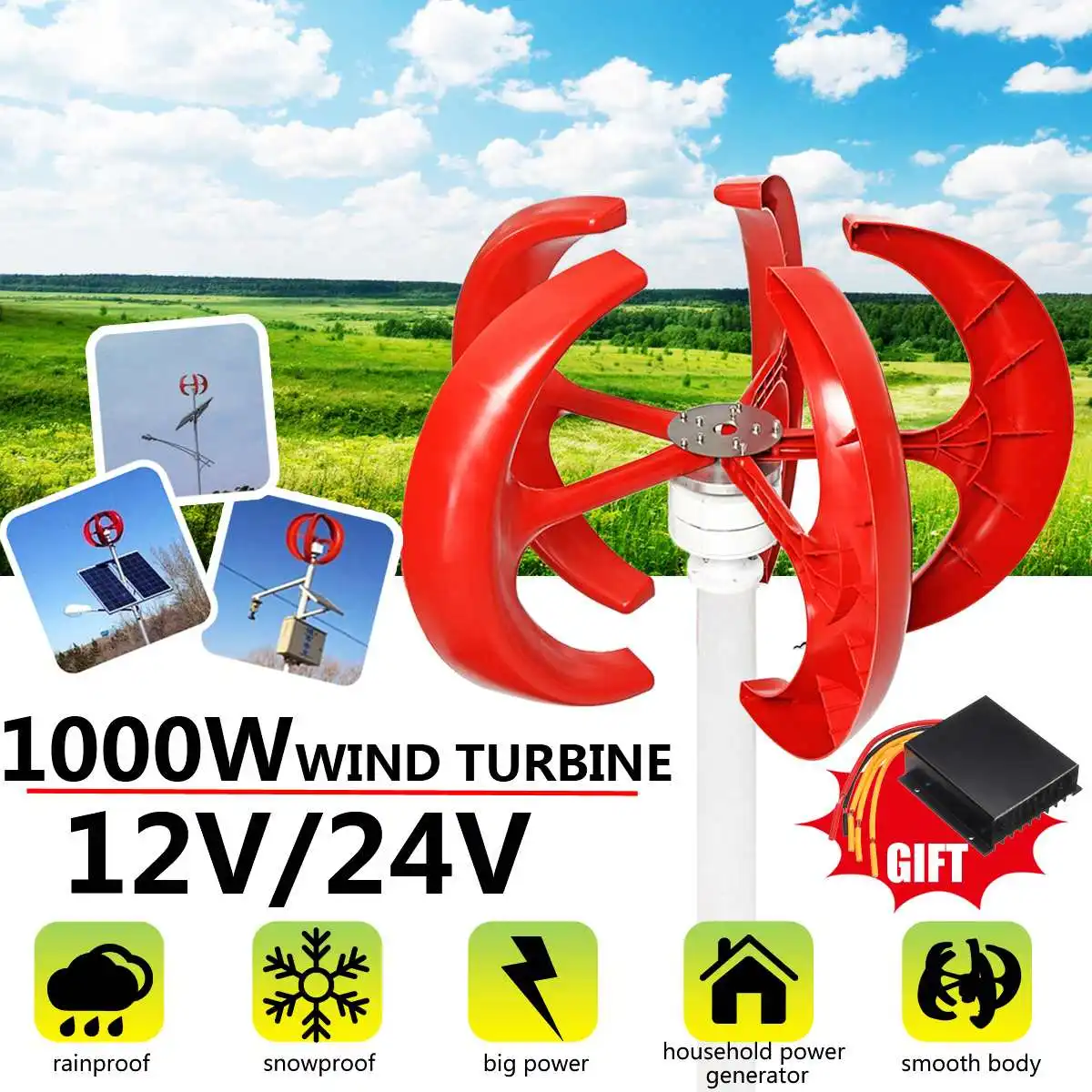 

1000W 5 Blades Vertical Axis Wind Turbines Generator Lantern 12V 24V Motor Kit Electromagnetic For Home Hybrid Streetlight Use