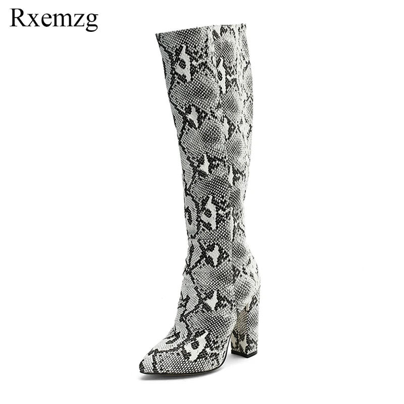 

Rxemzg women zipper boots snake print knee high boots square heel fashion pointed toe ladies sexy shoes 2019 new chelsea boots
