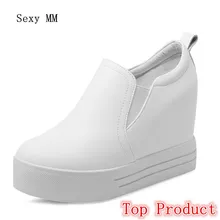 Обувь без застежки из натуральной кожи на танкетке; женские лоферы на плоской подошве; Повседневная прогулочная обувь на плоской подошве, увеличивающая рост; большие размеры 33-40