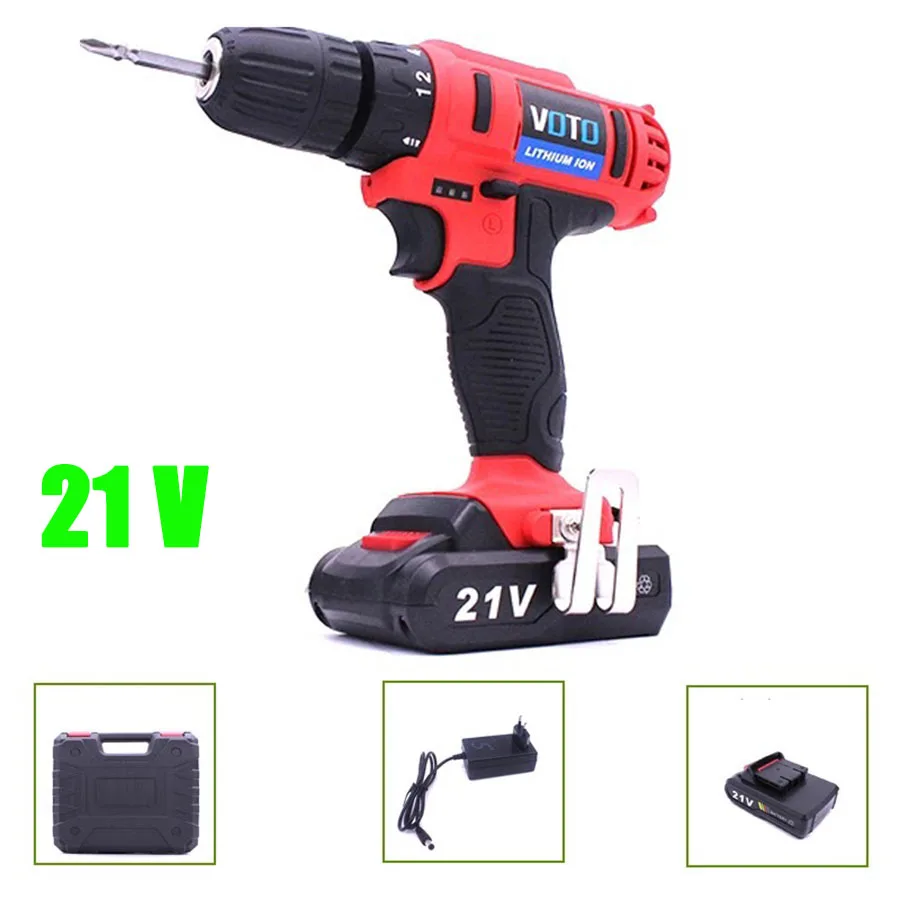 

VOTO Battery Rechargeable Cordless Drill Electric Screwdriver Set With Case Lithium Power Tools Screw Gun Driver 21V RED