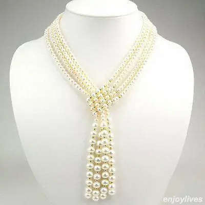 

FREE SHIPPING4 Rows Genuine White Pearl Yellow Gold Plated Beads Wide Tie Choker Necklace