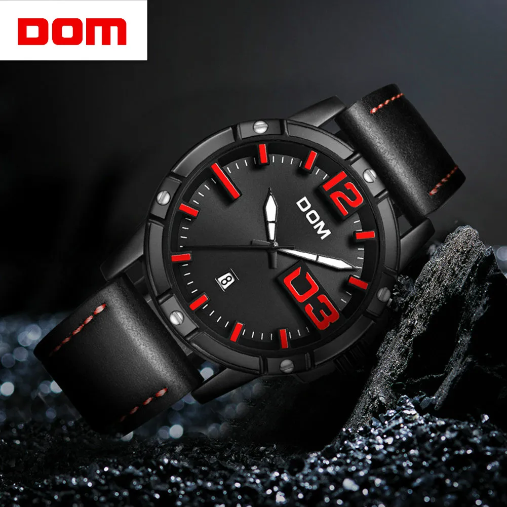 

DOM Watches Mens Black Leather Band Luminous Display Big Dial Watch Men Waterproof Military Sport Quartz Wristwatches Relogios