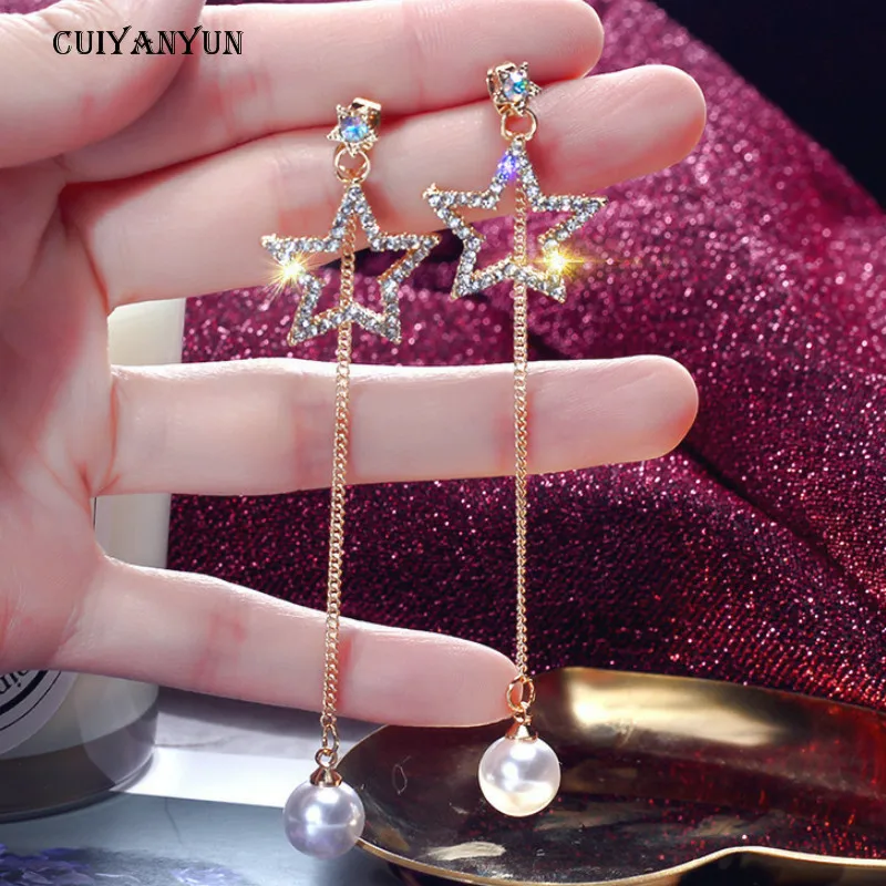 

CUIYANYUN hollow star pearl crystal dangle earrings S925 silver pin women Korean fashion jewelry gold metal long earrings party