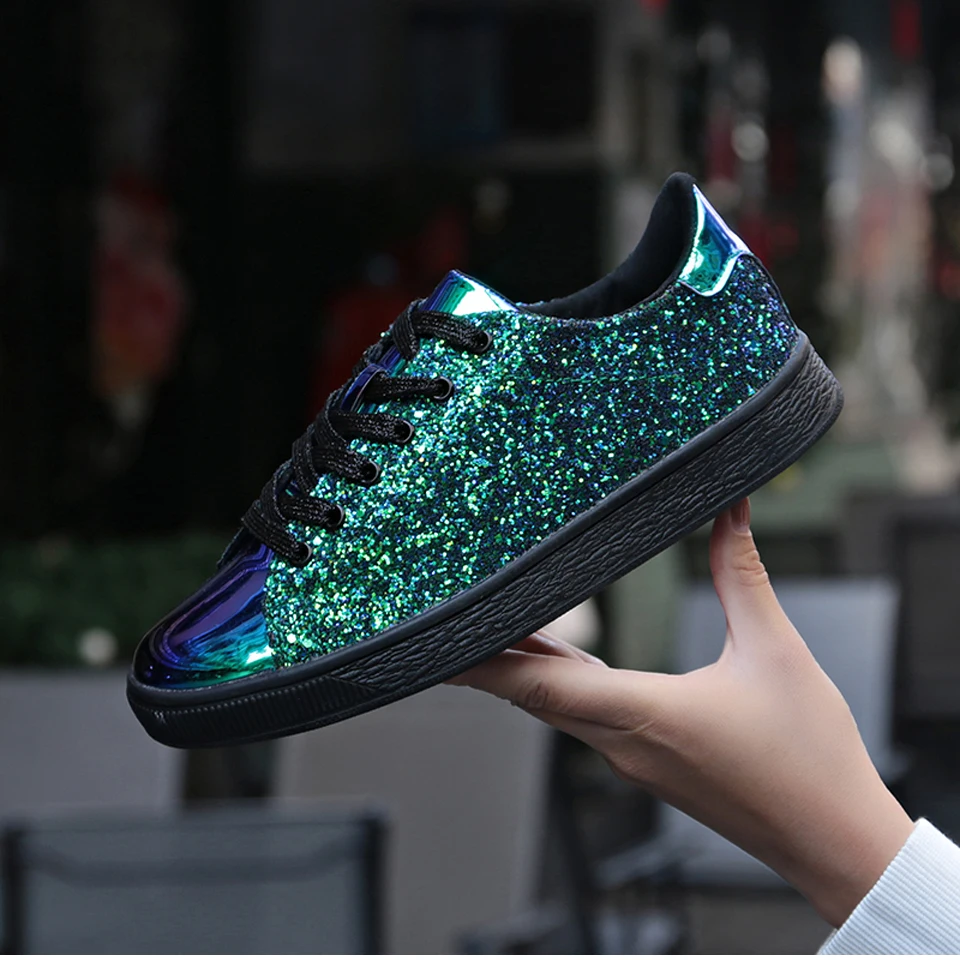  2019 New Fashion Spring Women Sneakers Casual Flat lace-Up Bling Glitter Shining Green Beautiful Vulcanized Shoes Woman (1)