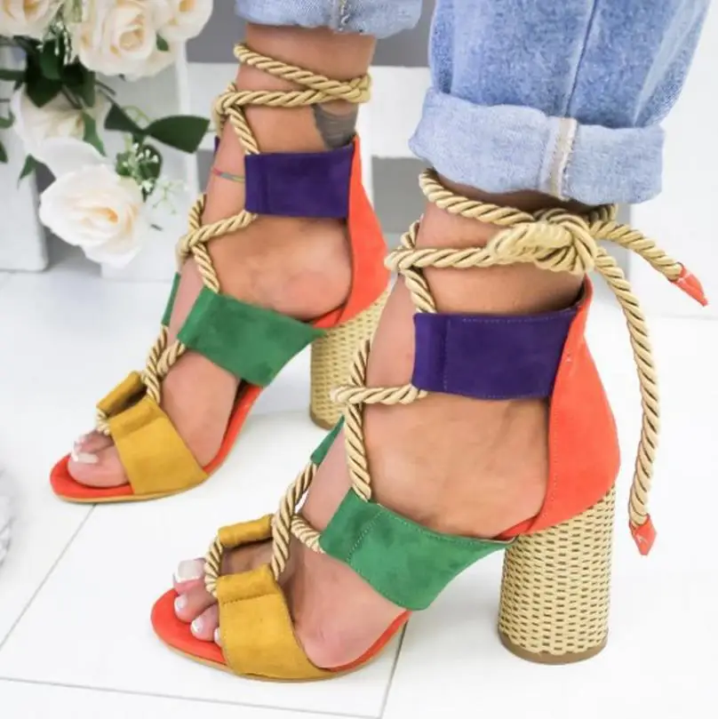 

Explosion models 2019 summer thick with high-heeled open toe tie color sandals large size 40-43