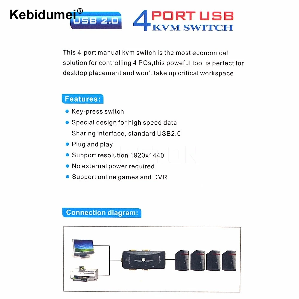 Kebidumei 4-портовый концентратор USB 2,0 KVM коммутатор VGA переключатель SVGA коробка адаптер разъем принтер клавиатура мышь 4 компьютера использовать 1 монитор