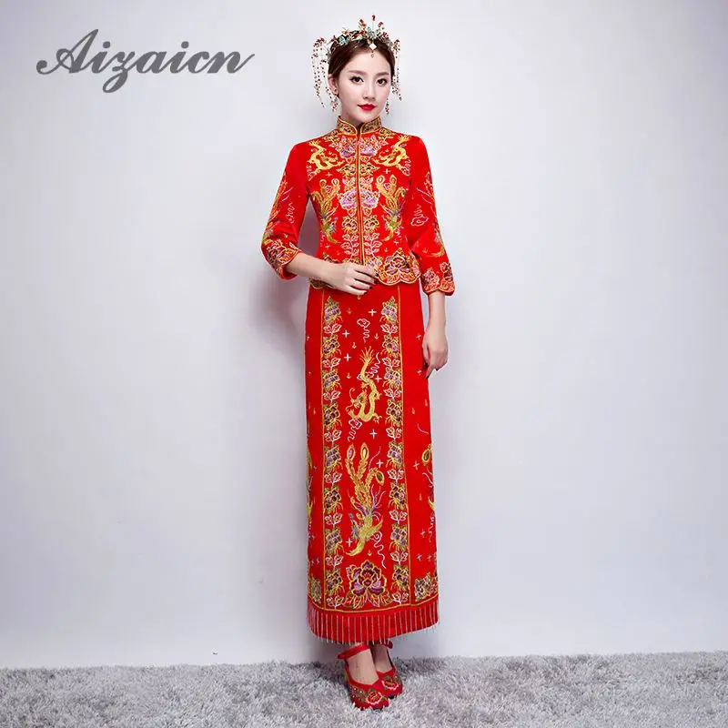 

Embroidery Cheongsam Long Slim Qipao Dragon Phoenix Wedding Oriental Bride Traditional Red Chinese Wedding Dress Tangzhuang Suit