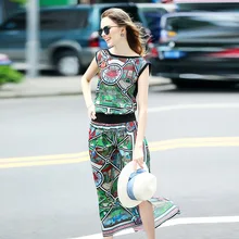 Women summer 2 piece suits 2017 new brand runway top quality print sleeveless o neck