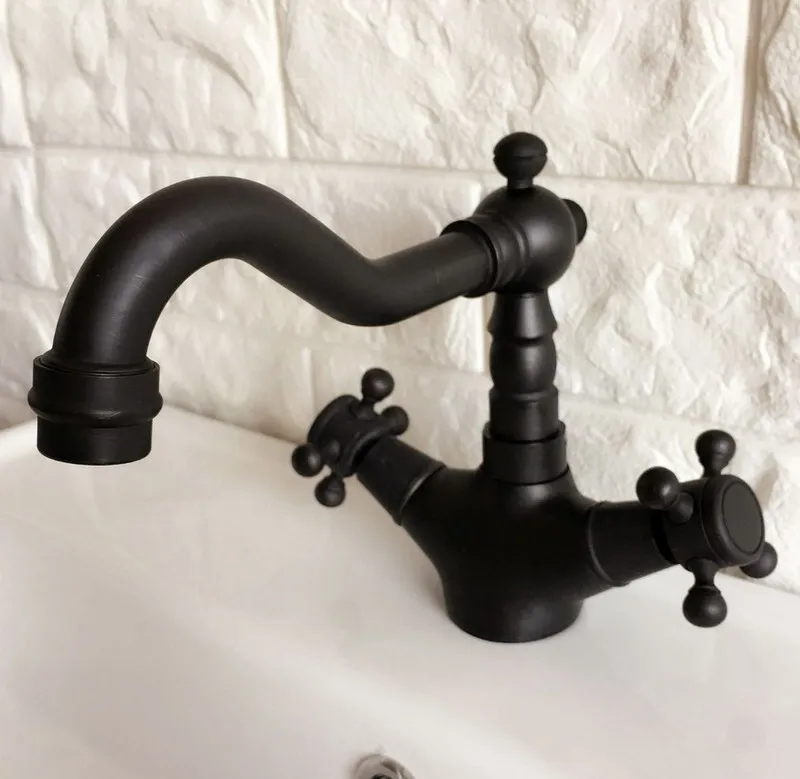 Черный Масло Втирают Латунь двойные крестообразные ручки одно отверстие ванная комната кухонная раковина смеситель кран поворотный