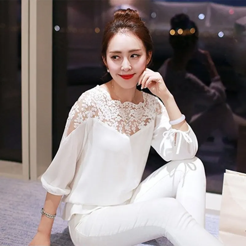 2019 White Blouse Women Summer Loose Casual Chiffon Long Sleeve Lace Black White Shirts Tops Blouse