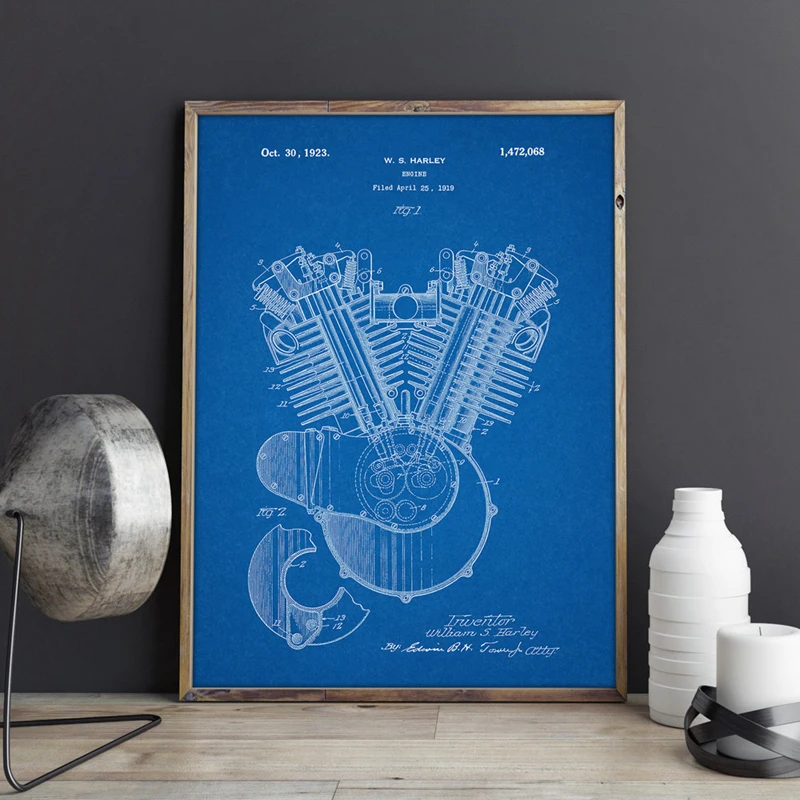 Двигатель мотоцикла 1919 патент Blueprint плакат печать наука стены искусства холст