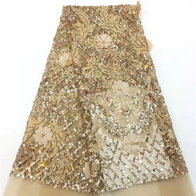 

2019High Quality African Lace Fabric Champagne gold French 3d Embroidery Sequins Tulle Lace Fabric For Nigerian party Dress C12