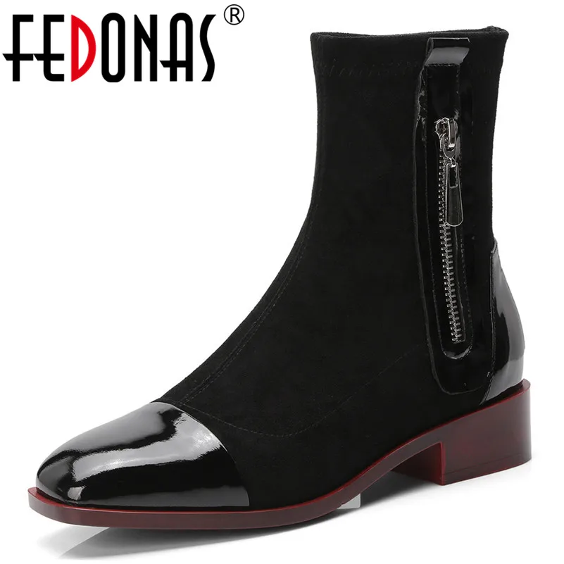 

FEDONAS Fashion Brand Mid-calf Boots Thick Heels Round Toe Autumn Winter Ladies Shoes Woman Sexy Patchwork Motorcycle Boots