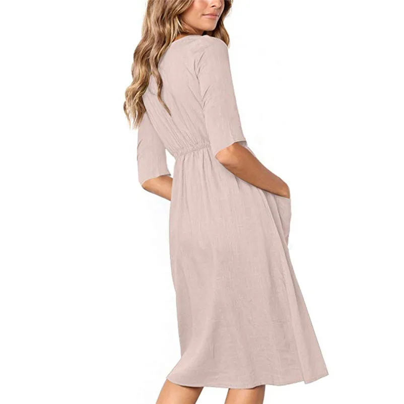 Fashion Autumn summer dress 2018 casual dress Women Holiday V Neck Solid Half Sleeve Buttons Club Party Dress vestido Y26#N (17)