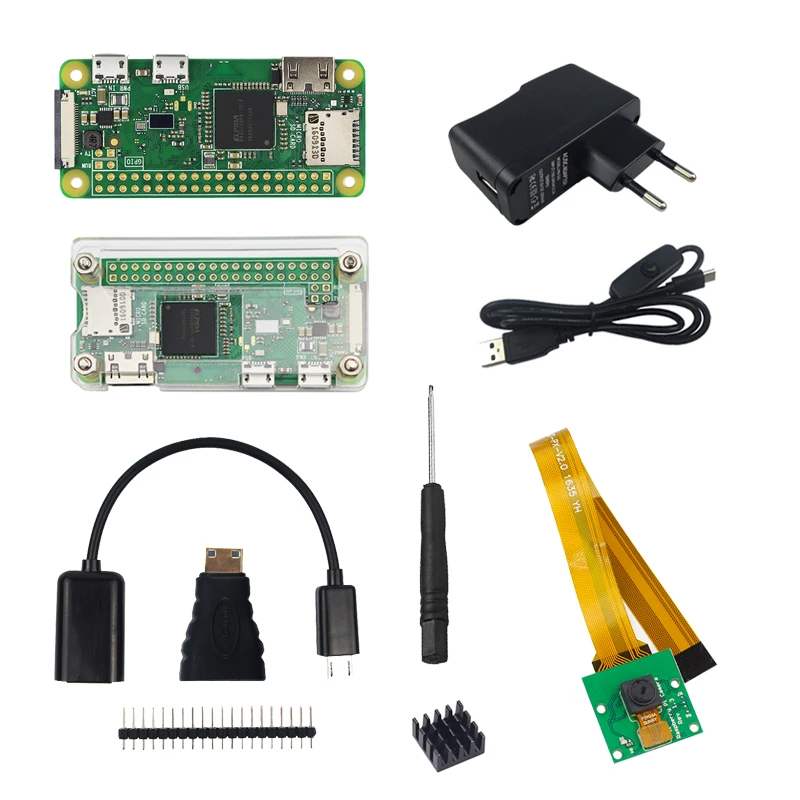 Комплект Raspberry Pi Zero W+ акриловый чехол+ камера 5 Мп+ Кабель Micro OTG+ разъем GPIO+ адаптер Mini HDMI+ sd-карта 16 ГБ+ usb-кабель