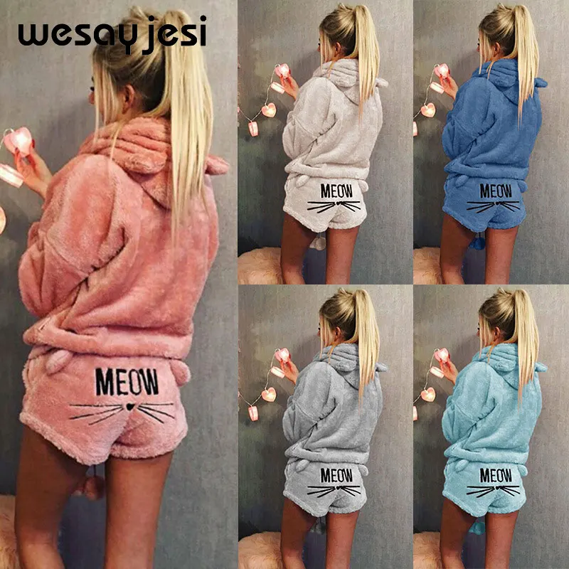 En Ligne Costume de sport femme femmes survêtement grande taille 5XL hiver chaud pyjamas deux pièces ensemble vêtements de nuit mignon chat miaou motif sweats à capuche
