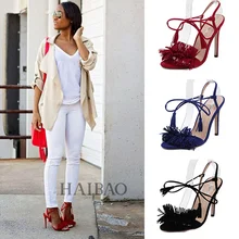 Summer Shoes Woman Sandals High Heels 2016 European Gladiator Fringe Lady Cross Tied Open Toe Party Sandals for Women Black Red