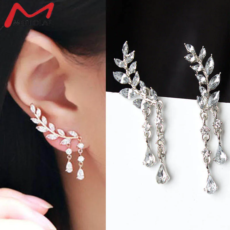 

2019 Wing Shape Popular Leaf Tassel Earrings for Women Jewelry Gold Silver Tone Cubic Stud Earrings Fashion Jewelry Gift