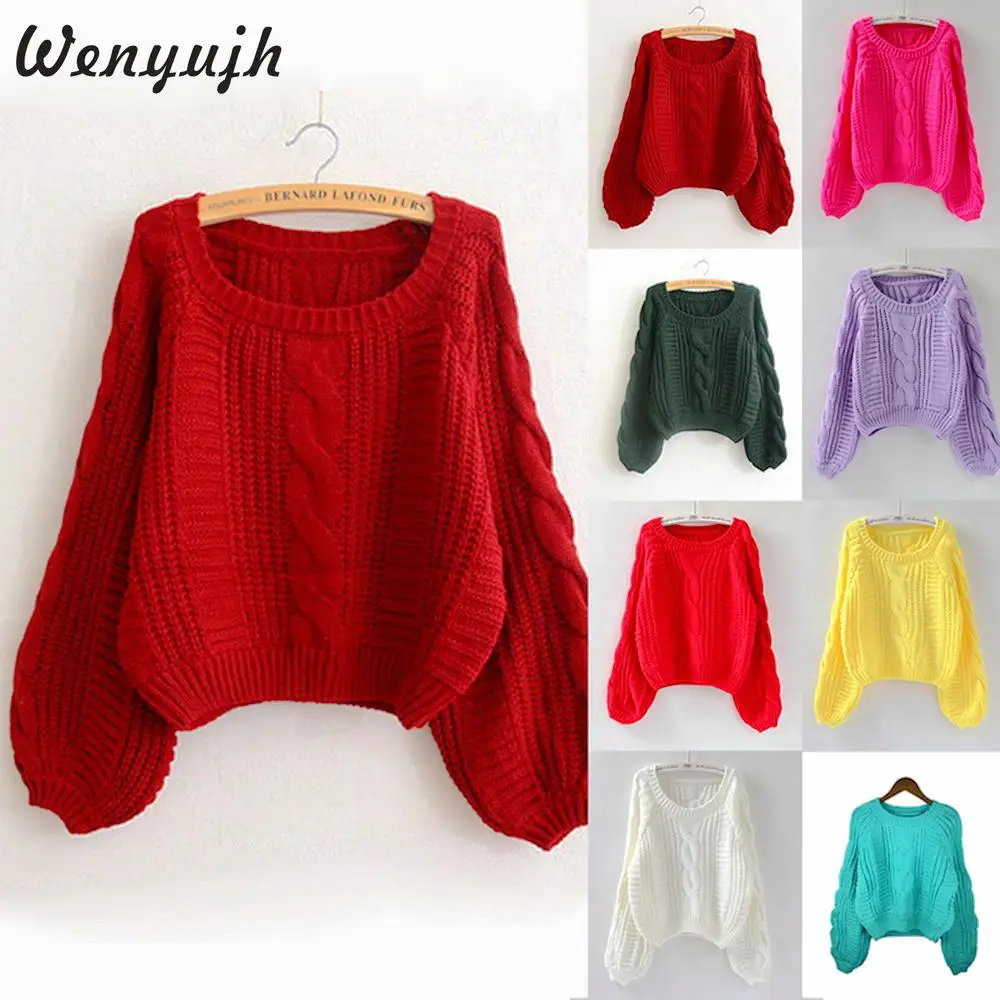 

Wenyujh Womens Autumn Winter Long Sleeve Loose Version Of The Puff Sleeve Solid Pullover Sweater Lady Thick Line Knitted Sweater