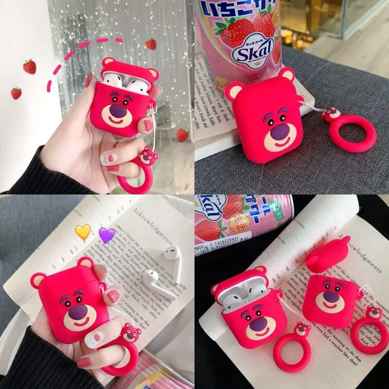 

3D cartoon cute strawberry bear Bluetooth wireless headset set Silicone cover For Airpods Earphone Protective Shockproof cases