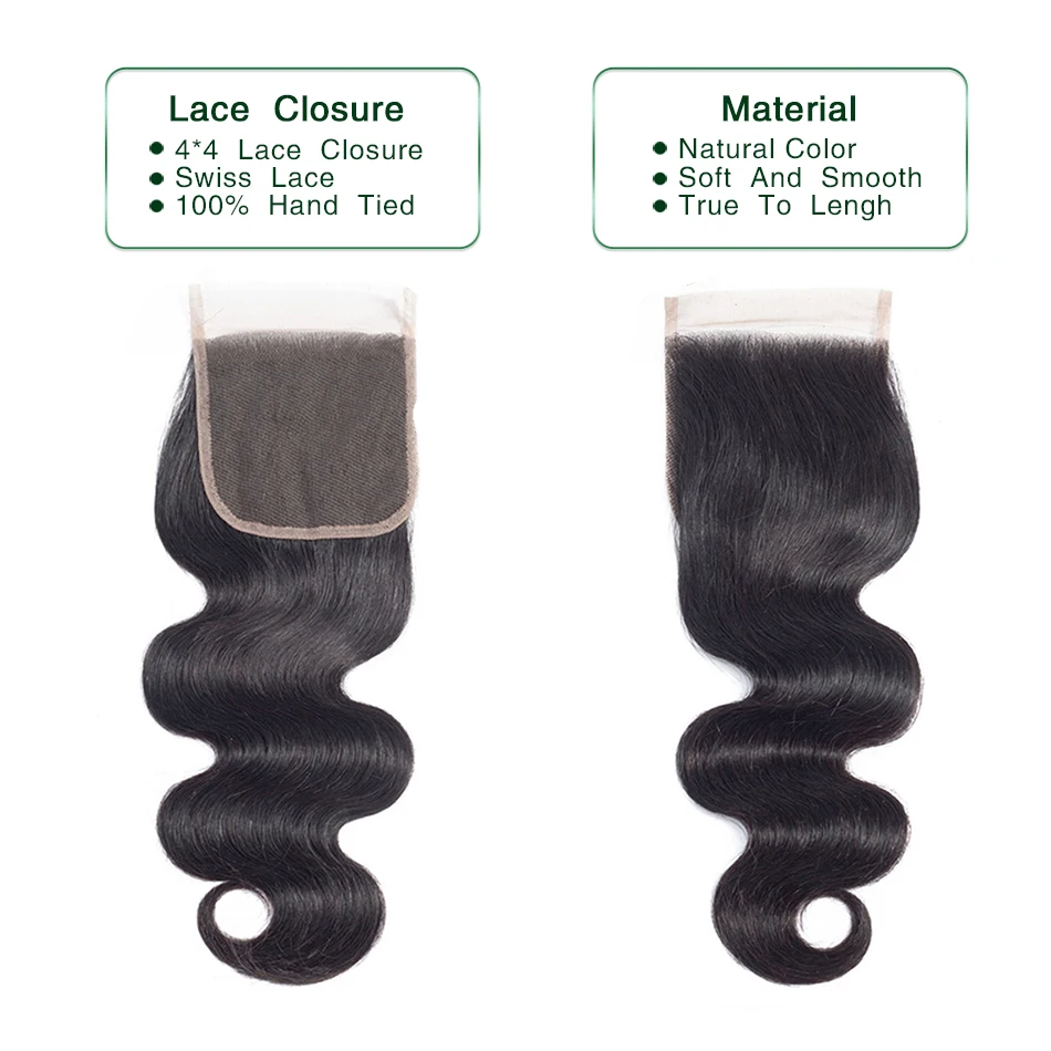 Plecare 4*4 закрытие шнурка бразильские объемные волны 8-20 дюймов натуральный цвет средний коэффициент не Реми человеческие волосы для наращивания