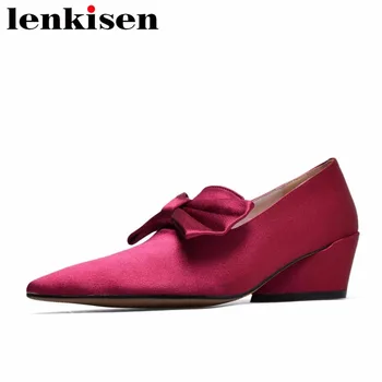 

Lenkisen satin natural leather pointed toe med heels slip on plus size classic butterfly-knot beauty girls women cozy pumps L23