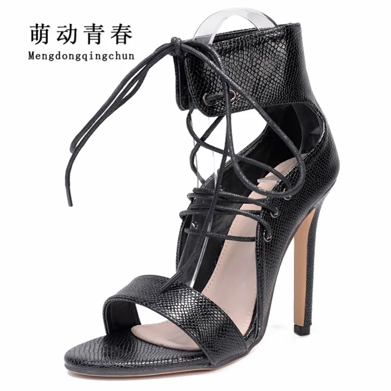 

2018 Women High Heels Shoes Gladiator Peep Toe Party Shoes Women Fashion Lace Up Cross Tied Snake Print Sexy High Heels Pumps