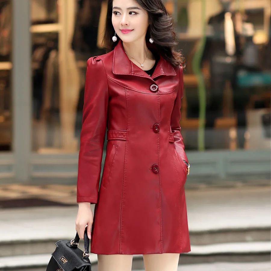 

Autumn genuine leather clothing female medium-long genuine leather trench female plus size mother clothing outerwear