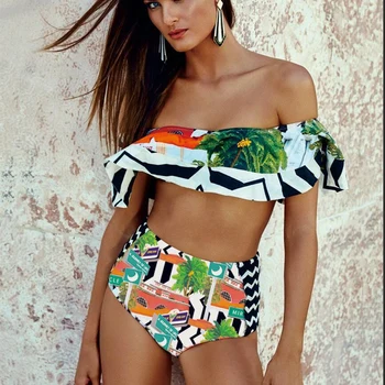 

Women High Waist Flouncing Swimsuit 2018 Push Up Bathing Suit Sexy Women Printing Swiming Suits Off Shoulder Beach Bikini Sets