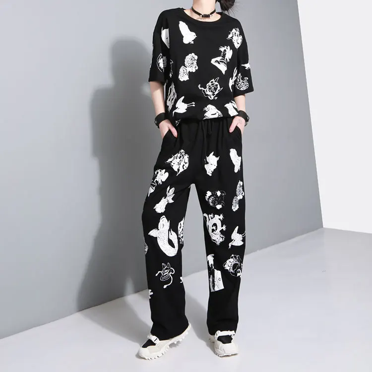 Women Men Summer 2 Piece Set (tshirt+pant) Female Streetwear Hip Hop Loose Casual Print Short Sleeve T Shirt Straight Trousers
