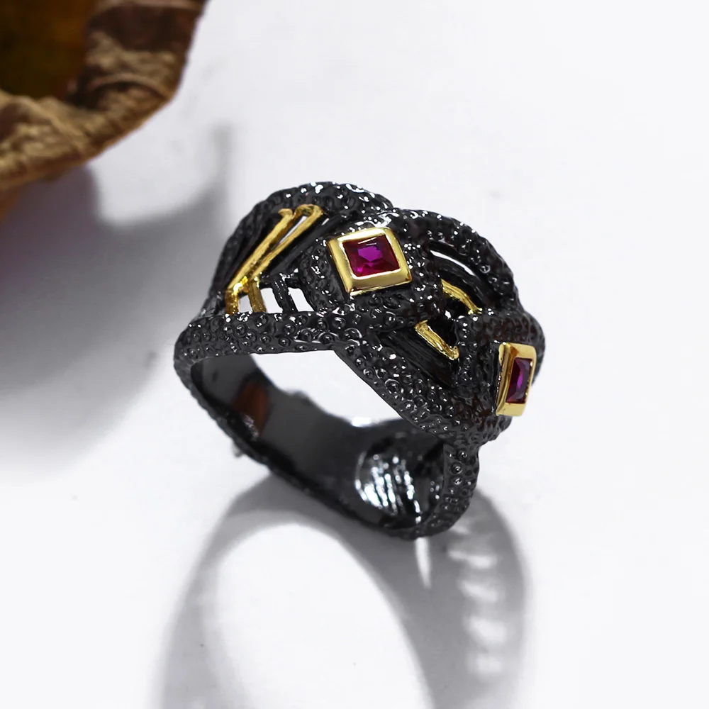 DreamCarnival 1989 Black Gold Color Hip Hop Parties Jewelry Rings Fuchsia Red CZ Gothic Anniversary Gift for Women Lover SR2288