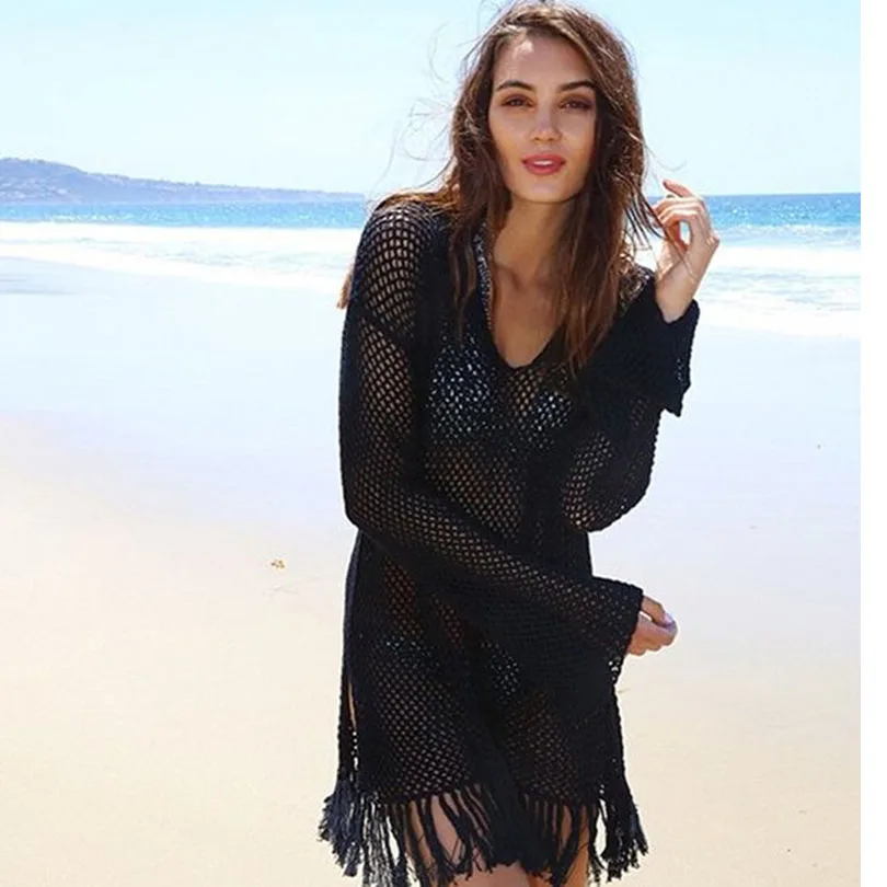 

beachwear women beach dress cotton crochet beach Knitted Hollow Tassel Long Sleeve Beach Skirt Bikini Blouse Sunset Black