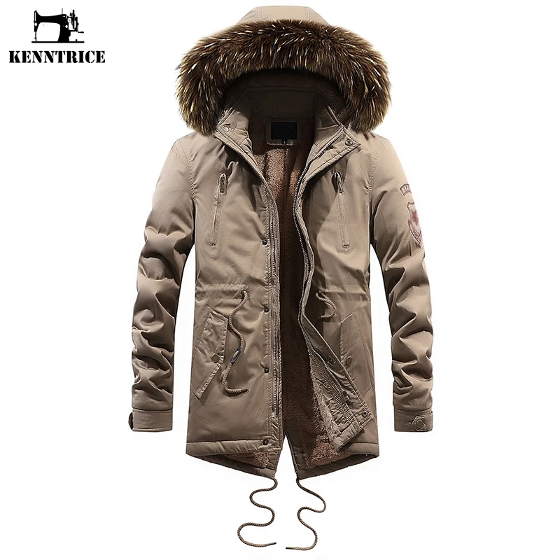 KENNTRICE Winter Coat Men Fur Collar Hooded Long Jacket Keep Warm Vintage Windbreaker Mens Outerwear | Мужская одежда