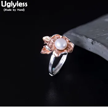 

Uglyless 100% Real 925 Sterling Silver Flower Open Rings for Women Rose Gold Floral Fine Jewelry Natural Pearls Ethnic Rings