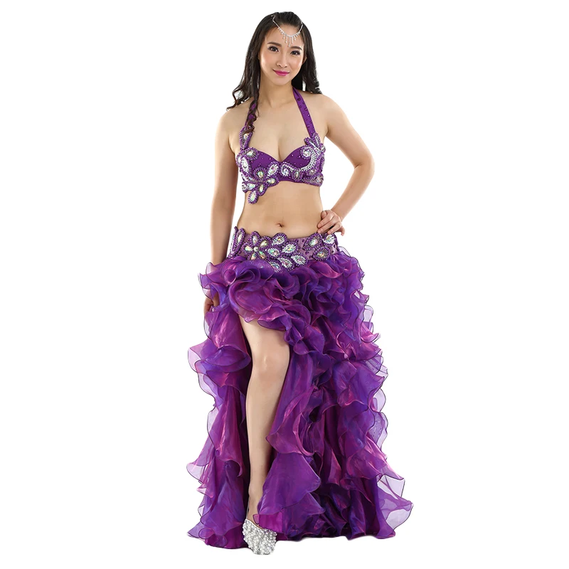 Профессиональный костюм для восточных танцев 2шт/3 шт бюстгальтер пояс юбка взрослый танец живота представление костюмы Профессиональный танец живота - Цвет: Purple 3pcs