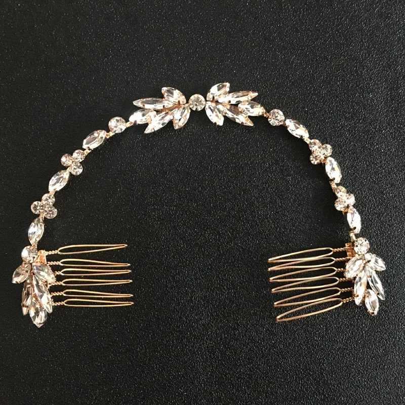 SLBRIDAL Wired Crystal Rhinestones Wedding Hair Comb Chain Hair accessories Hairband Bridal
