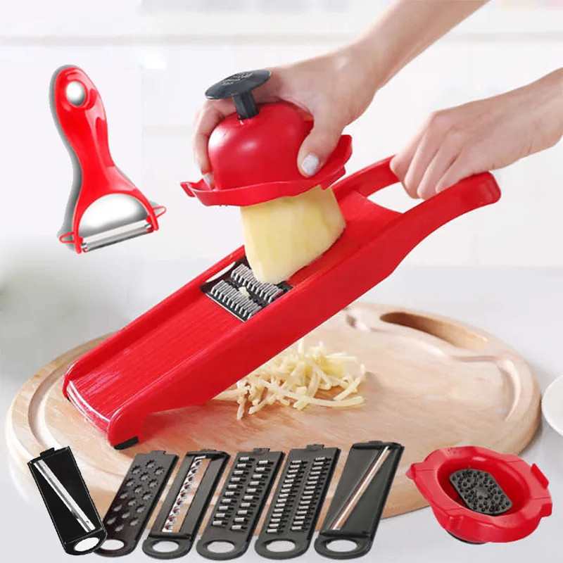 8 in 1 Vegetable Fruit Slicers Cutter With Adjustable 304 Stainless Steel Blades Carrot Potato Onion Grater Peeler Kitchen Tool - Цвет: red