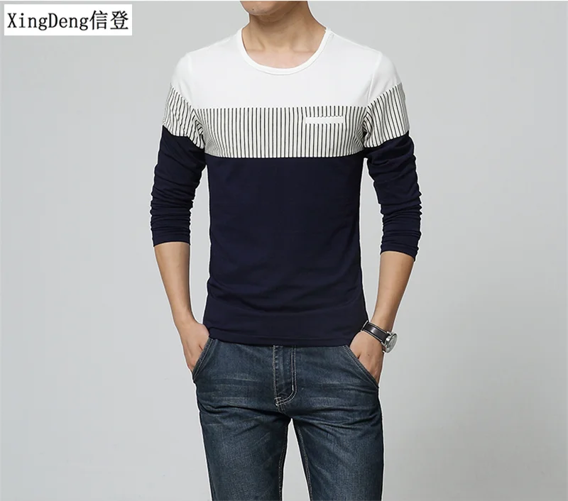 XingDeng хлопковая футболка с длинным рукавом Мужская весна лето с круглым вырезом модная брендовая одежда морские Лоскутные Топы пальто плюс