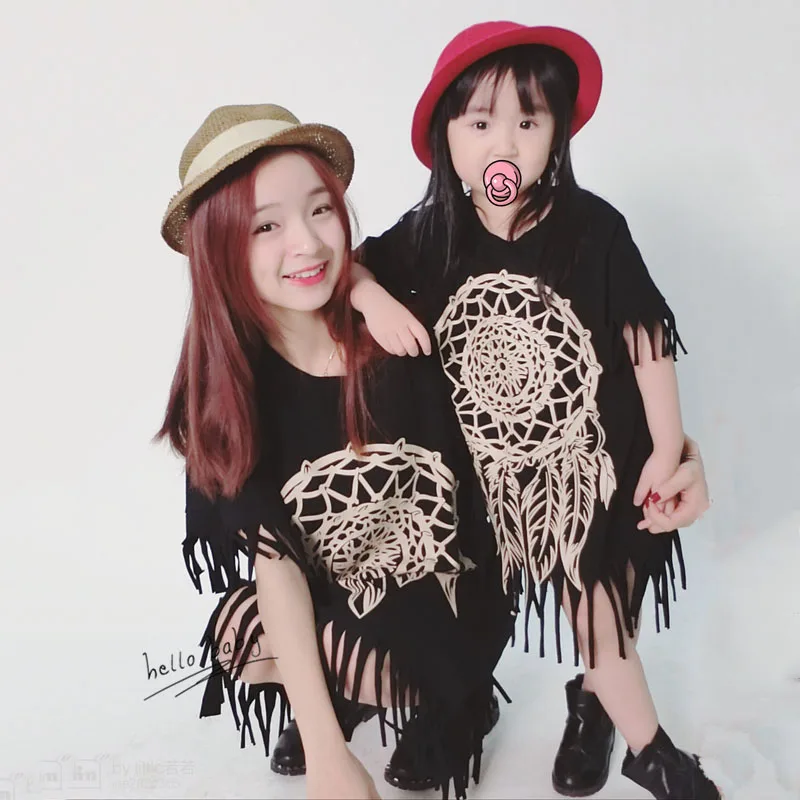 

QZ-496 2019 fashion girls summer dresses printed Tassel dress matching mother daughter family lady child clothing Dresses