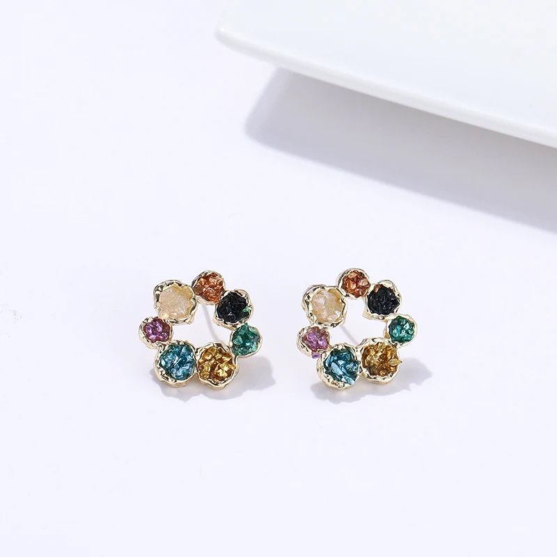 Yhpup Trendy Korean Flower Geometric Stud Earrings Natural Colorful Crushed Stone S925 Brincos for Girl Women Party Jewelry Gift