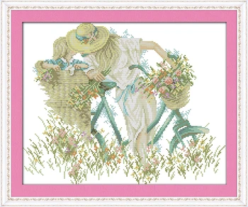 

Mother and daughter with bike home decor canvas Cross Stitch kits 14ct white 11ct print embroidery DIY handmade needlework wall